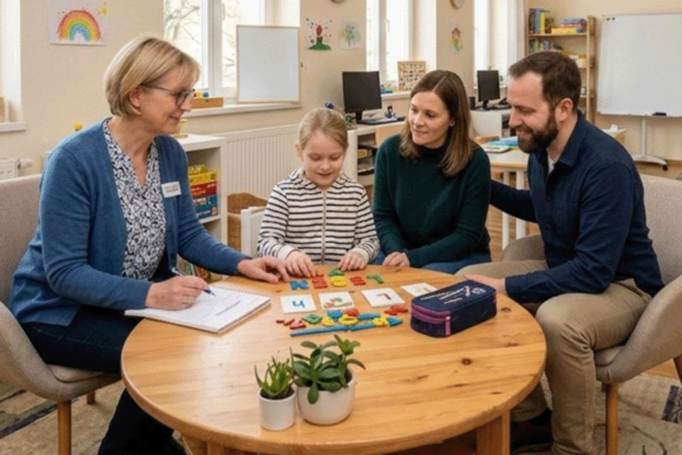LRS_Lerntherapie-KI Eine Lerntherapeutin sitzt an einem runden Holztisch mit einem jungen Mädchen und deren Eltern. Gemeinsam arbeiten sie spielerisch mit bunten Buchstabenkärtchen, während die Therapeutin Beobachtungen in einem Notizbuch festhält. Die Atmosphäre ist freundlich und unterstützend.